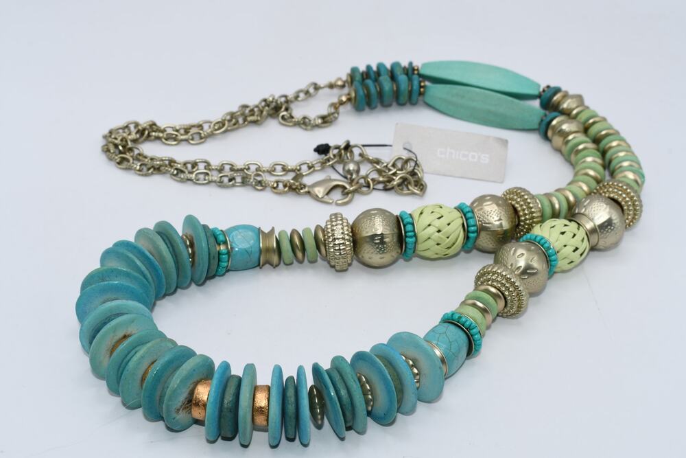 Chico’s Long Beaded Necklace Turquoise Wood Brass 44 Inch New With Tags